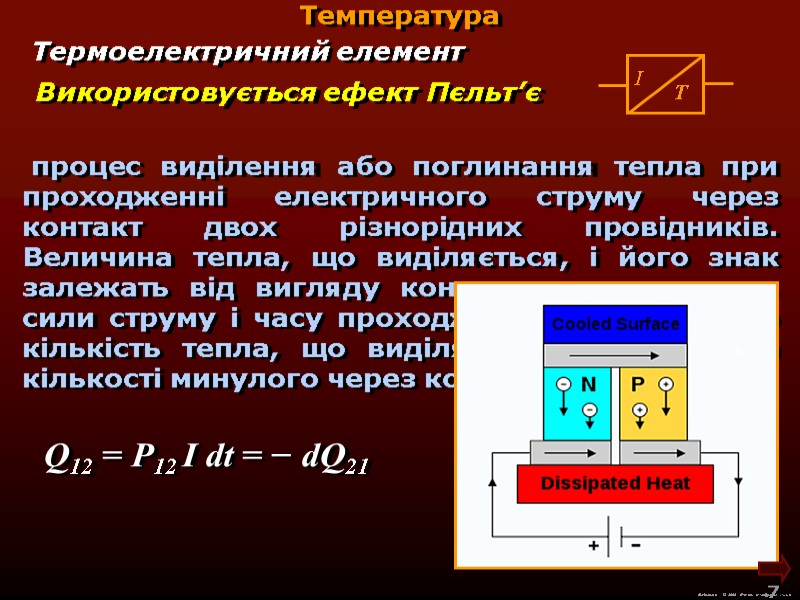 М.Кононов © 2009  E-mail: mvk@univ.kiev.ua 7  Температура Використовується ефект Пєльт’є  процес